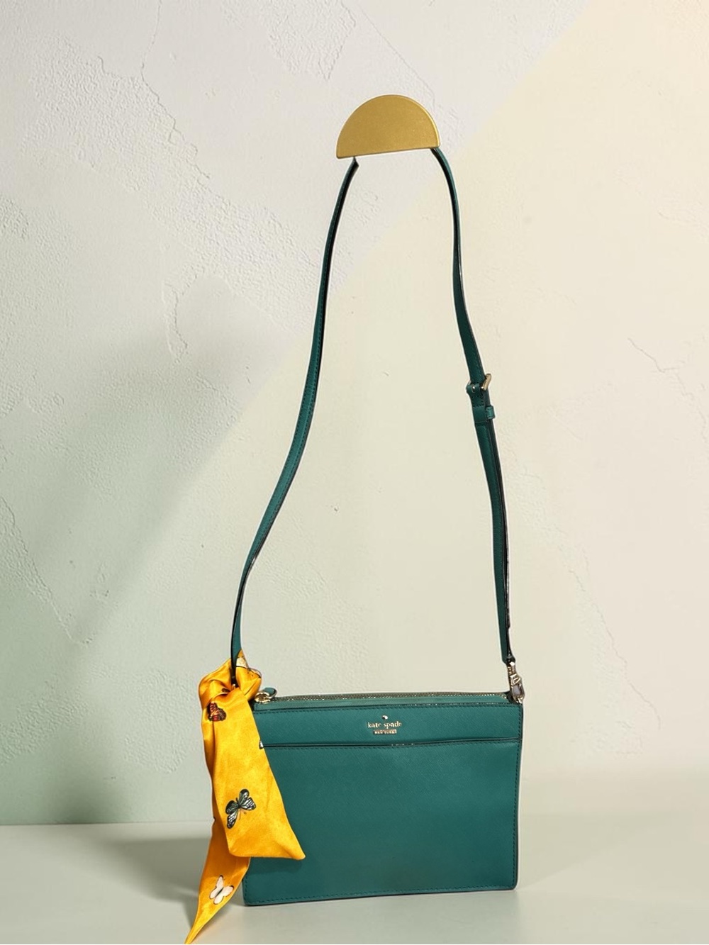 kate spade teal crossbody with yellow scarf detail
